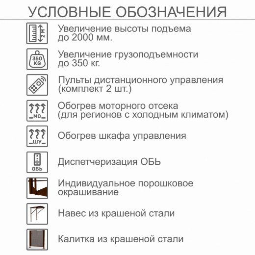Вертикальный подъемник для инвалидов по ГОСТ ВПМ-01, с увеличением до 2000 мм, с калиткой из каршенной стали, с увеличеной грузоподъемностью до 350кг, с индивидуальным порошковым окрашиванием, с обогревом моторного отсека (для регионов с холодным климатом